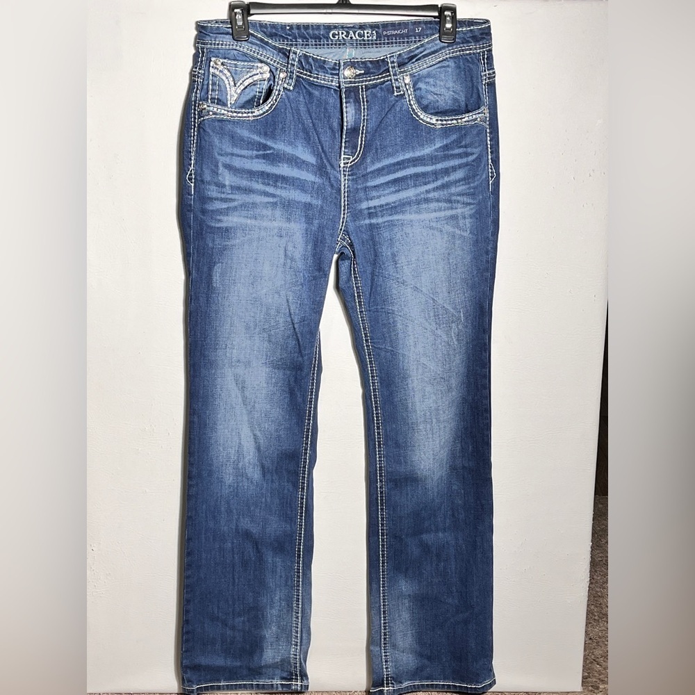 Grace in LA Western Embellished Blue Straight Jeans 17 Long